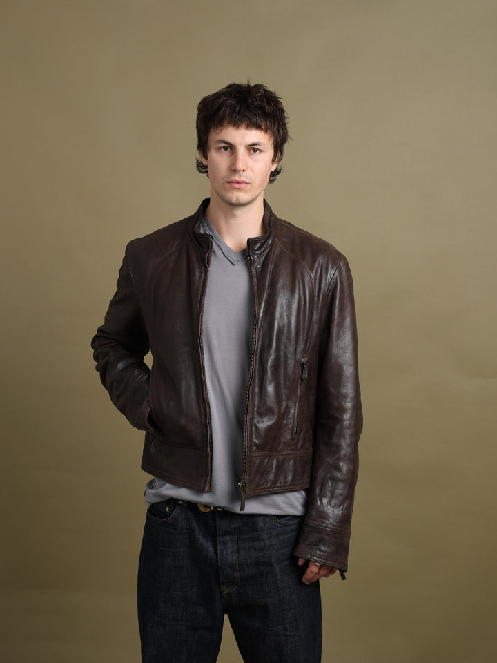 Armani Jeans Leather Bomber Jacket Brown Men's L - styled