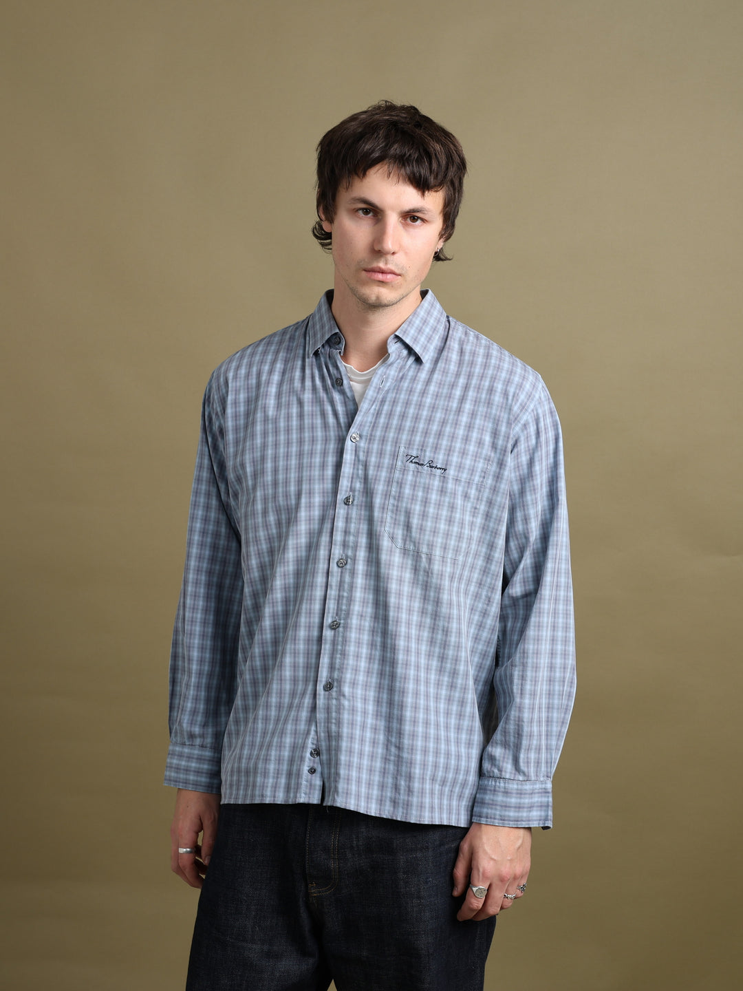 Thomas Burberry Check Shirt Blue Men's L - front