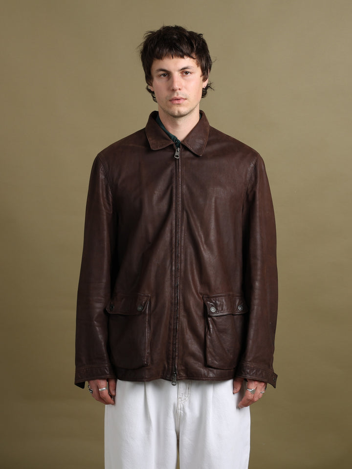 Emporio Armani Leather Jacket Brown Men's XL - fabric detail