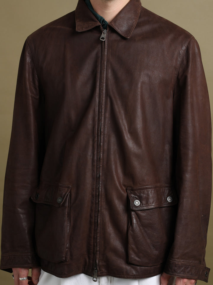 Emporio Armani Leather Jacket Brown Men's XL - styled