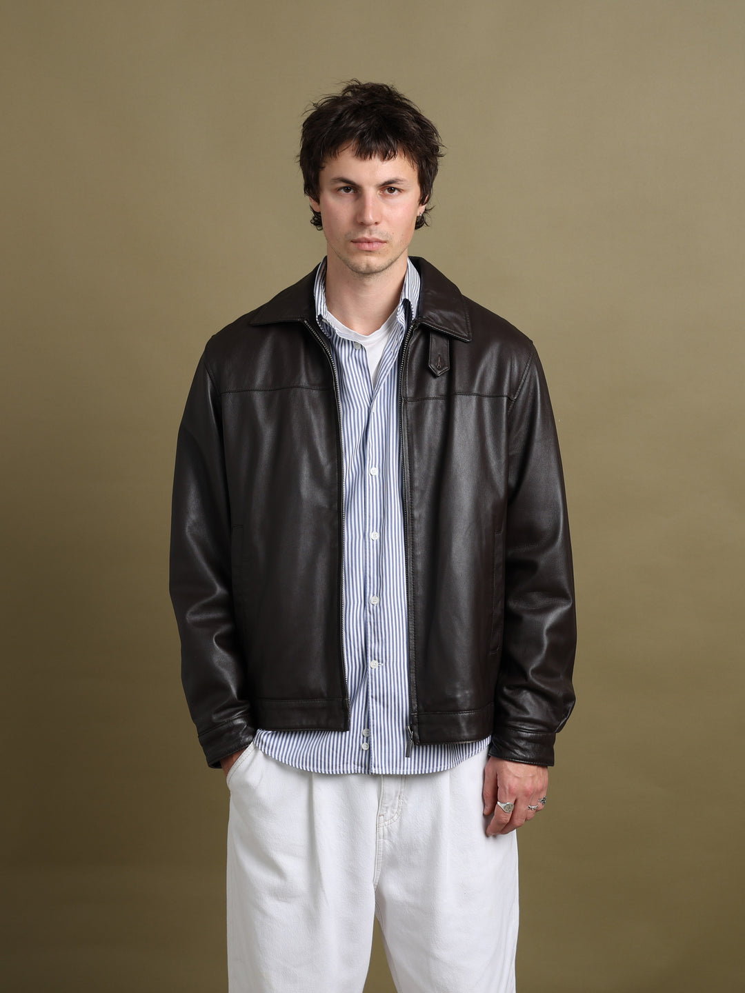 Balmain Leather Bomber Jacket Brown Men's L - front