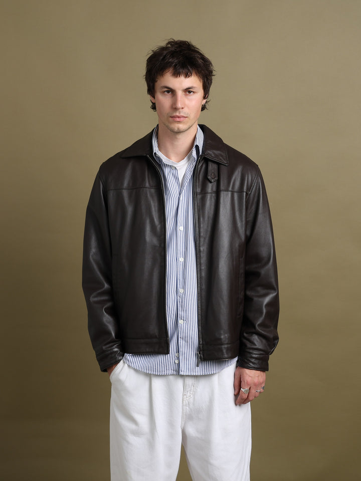 Balmain Leather Bomber Jacket Brown Men's L - front