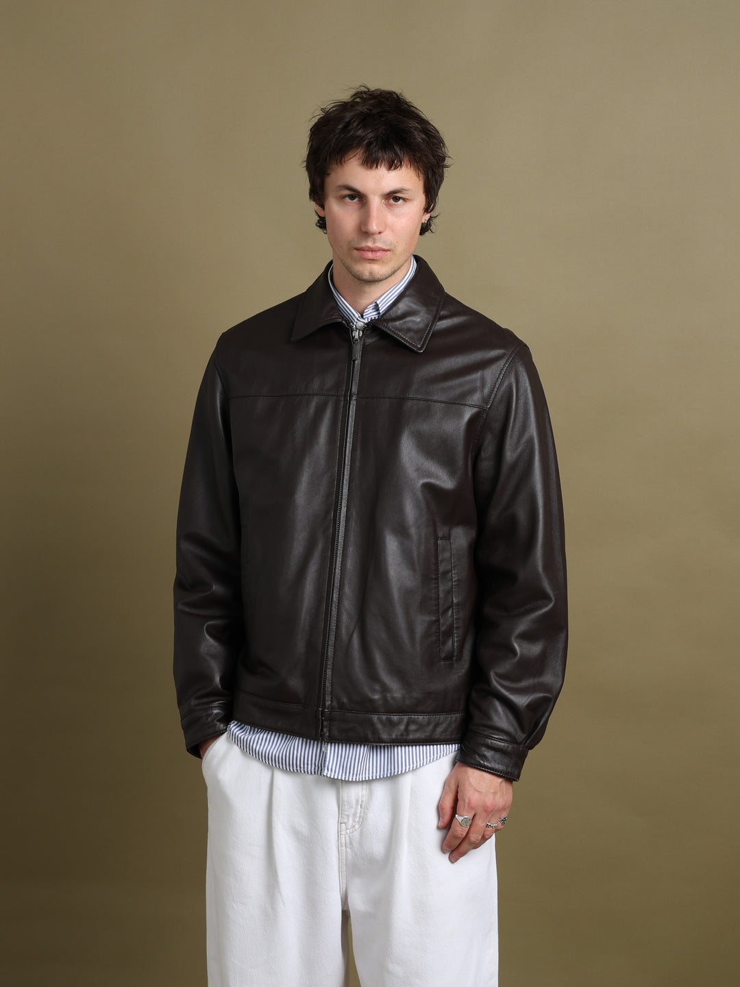 Balmain Leather Bomber Jacket Brown Men's L - back