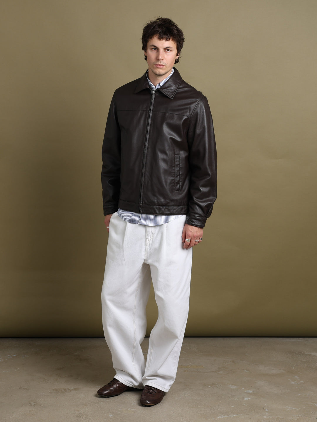Balmain Leather Bomber Jacket Brown Men's L - fabric detail