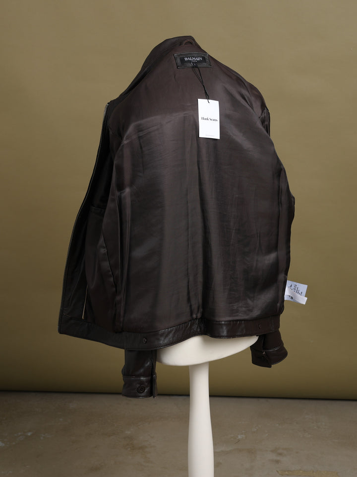Balmain Leather Bomber Jacket Brown Men's L - detail 3