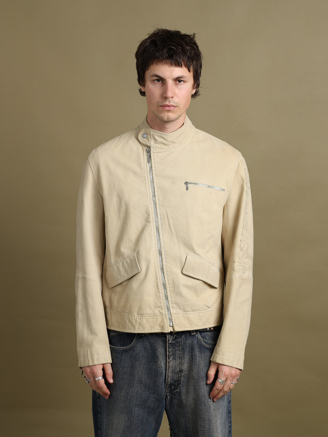 Versace Asymmetric Zip Leather Jacket Beige Men's M - front