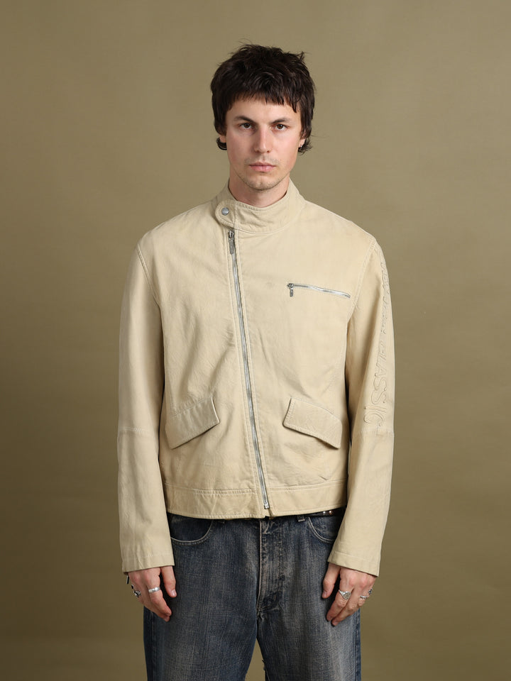 Versace Asymmetric Zip Leather Jacket Beige Men's M - front