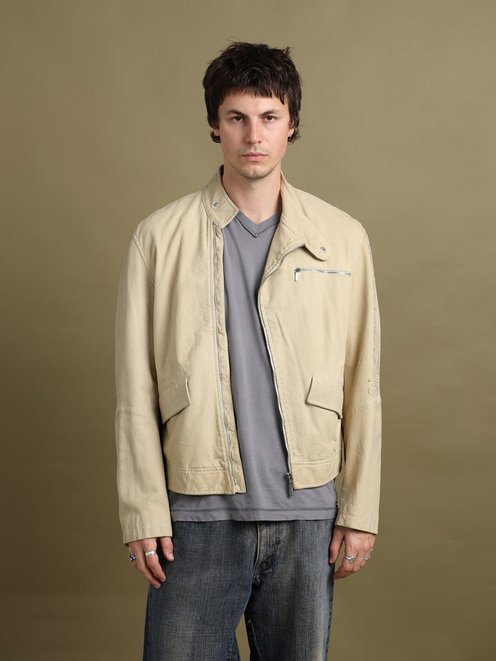 Versace Asymmetric Zip Leather Jacket Beige Men's M - back