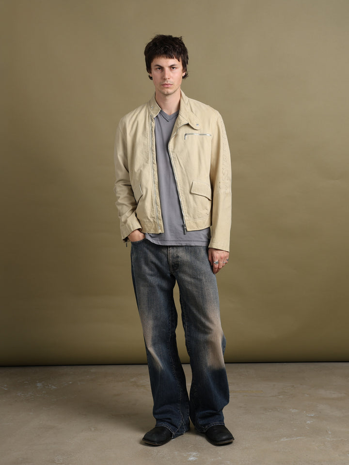 Versace Asymmetric Zip Leather Jacket Beige Men's M - fabric detail