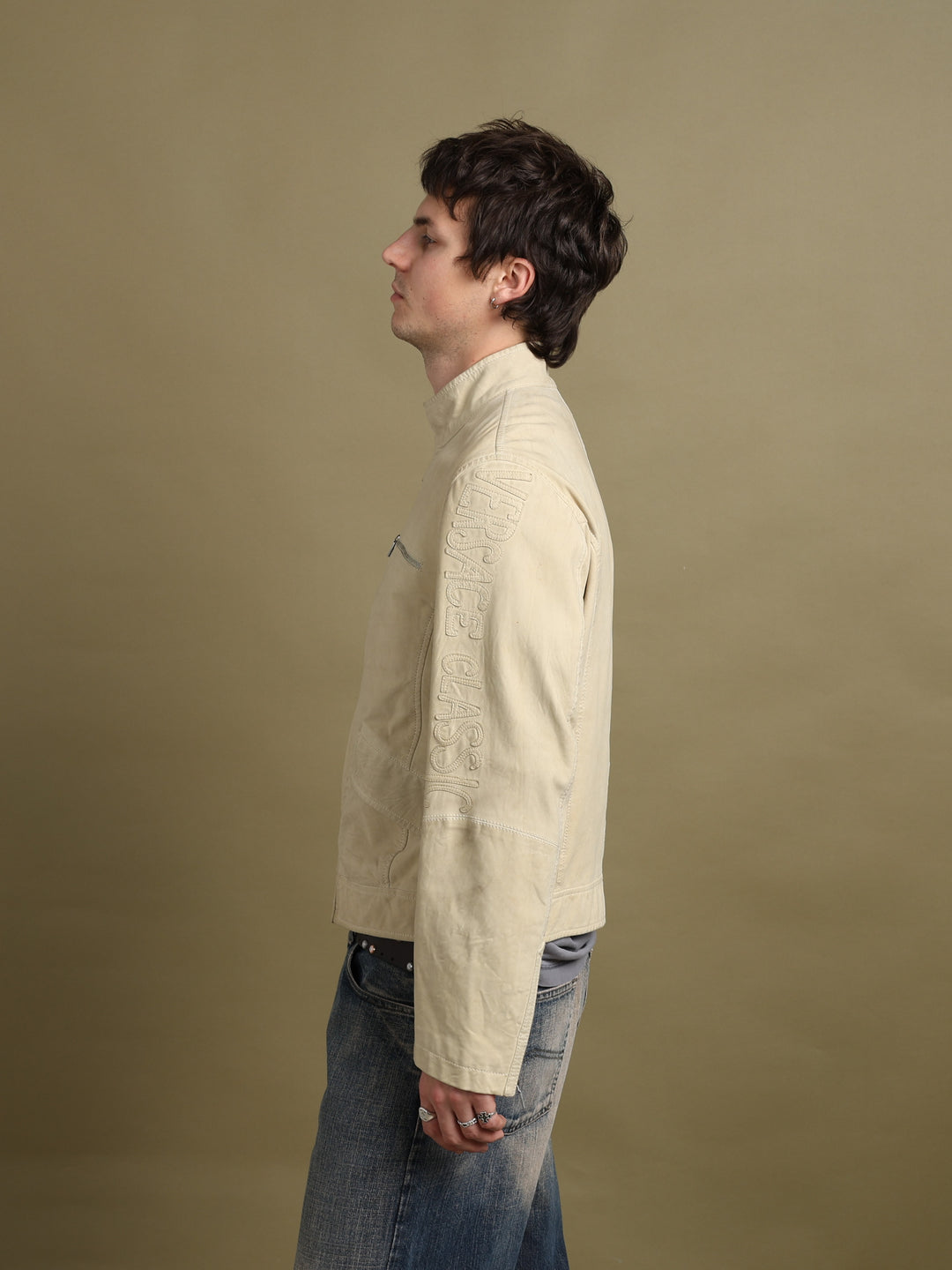 Versace Asymmetric Zip Leather Jacket Beige Men's M - detail 2