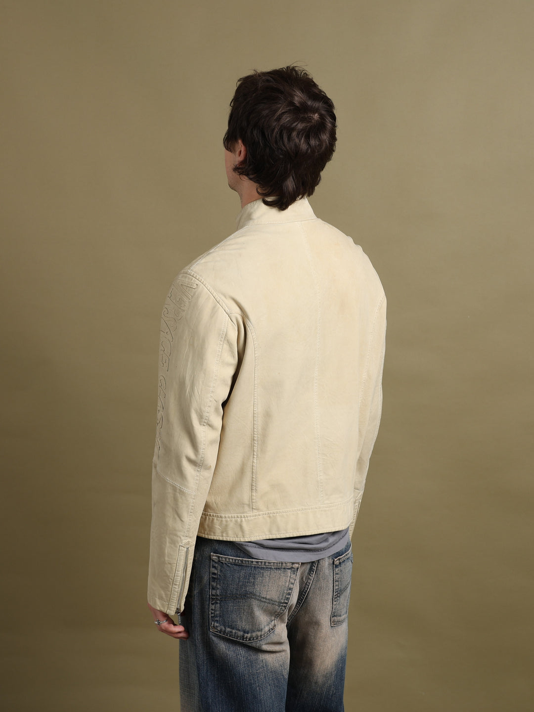 Versace Asymmetric Zip Leather Jacket Beige Men's M - detail 3