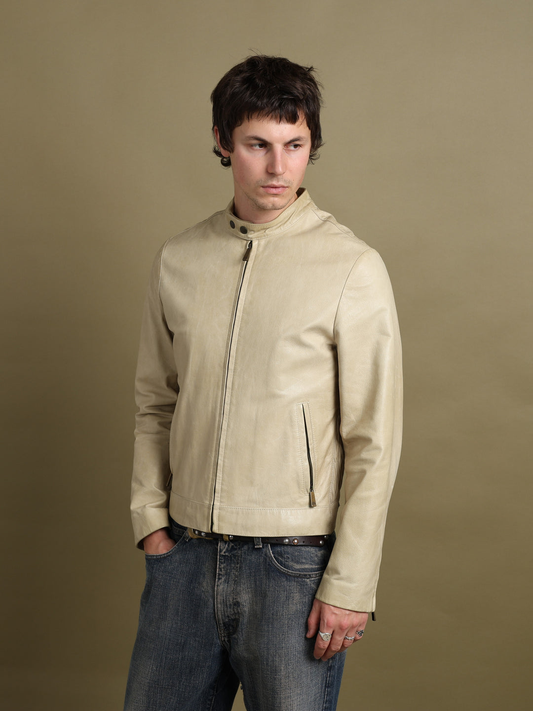 Mulberry Leather Biker Jacket Beige Men's M - front