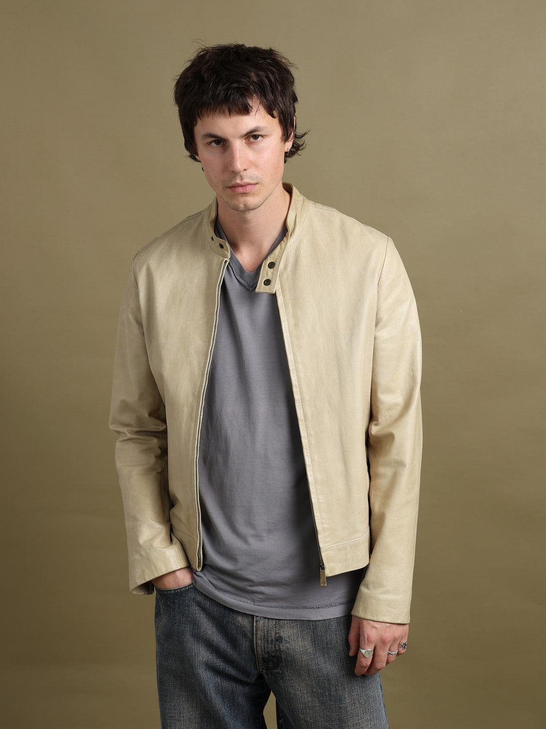 Mulberry Leather Biker Jacket Beige Men's M - styled