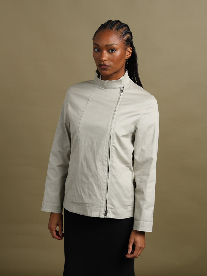 Giorgio Armani Funnel-Neck Asymmetric Zip Jacket Cream Women's M - front