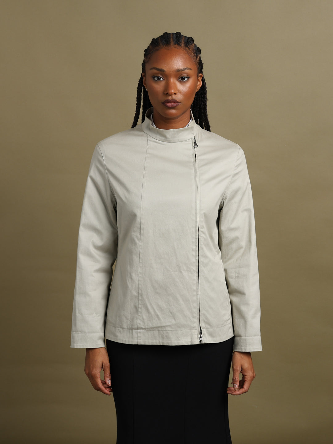 Giorgio Armani Funnel-Neck Asymmetric Zip Jacket Cream Women's M - back