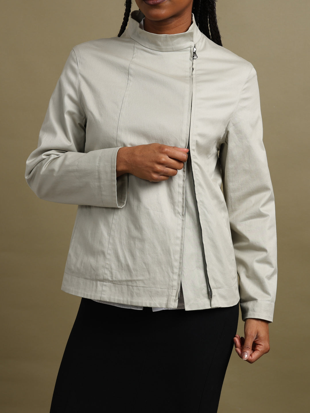 Giorgio Armani Funnel-Neck Asymmetric Zip Jacket Cream Women's M - styled