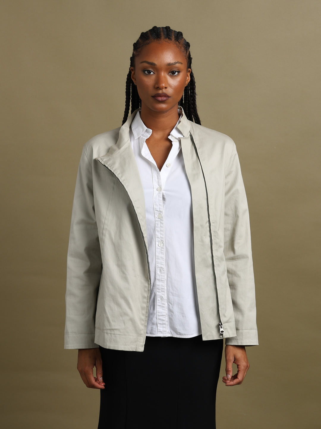 Giorgio Armani Funnel-Neck Asymmetric Zip Jacket Cream Women's M - detail 1