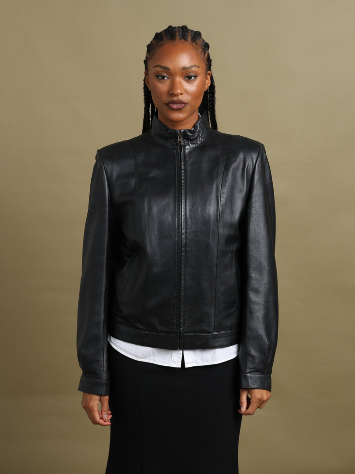 Aquascutum Leather Biker Jacket Black Women's L - front