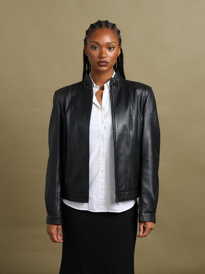 Aquascutum Leather Biker Jacket Black Women's L - back
