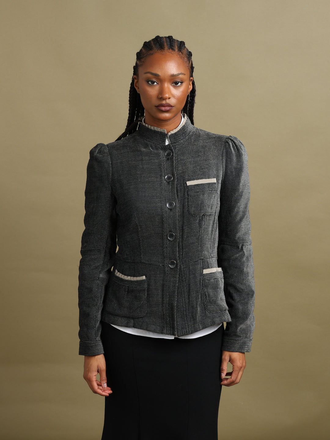 Armani Collezioni Ruffle Trim Blazer Grey Women's L - front