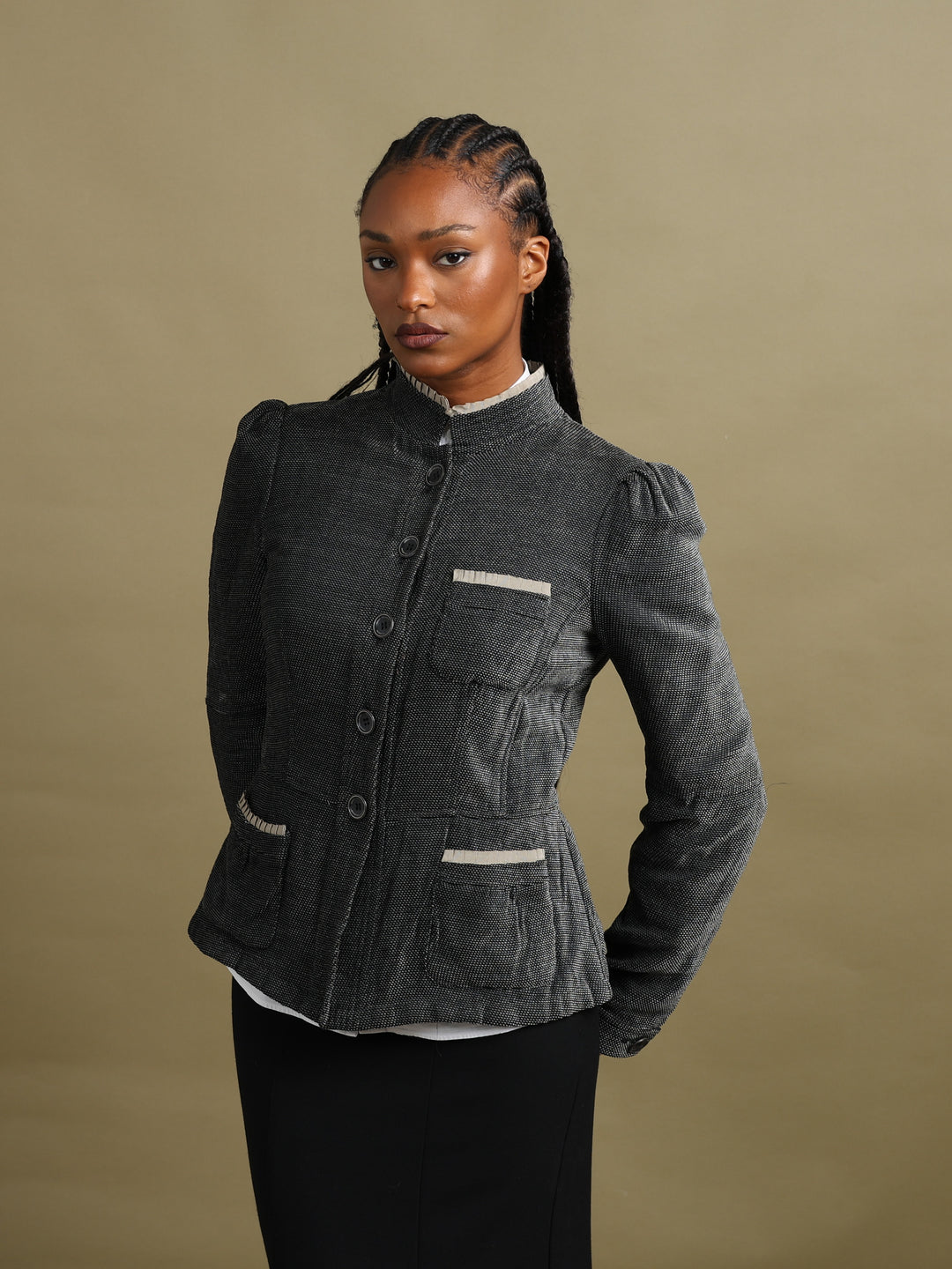 Armani Collezioni Ruffle Trim Blazer Grey Women's L - fabric detail