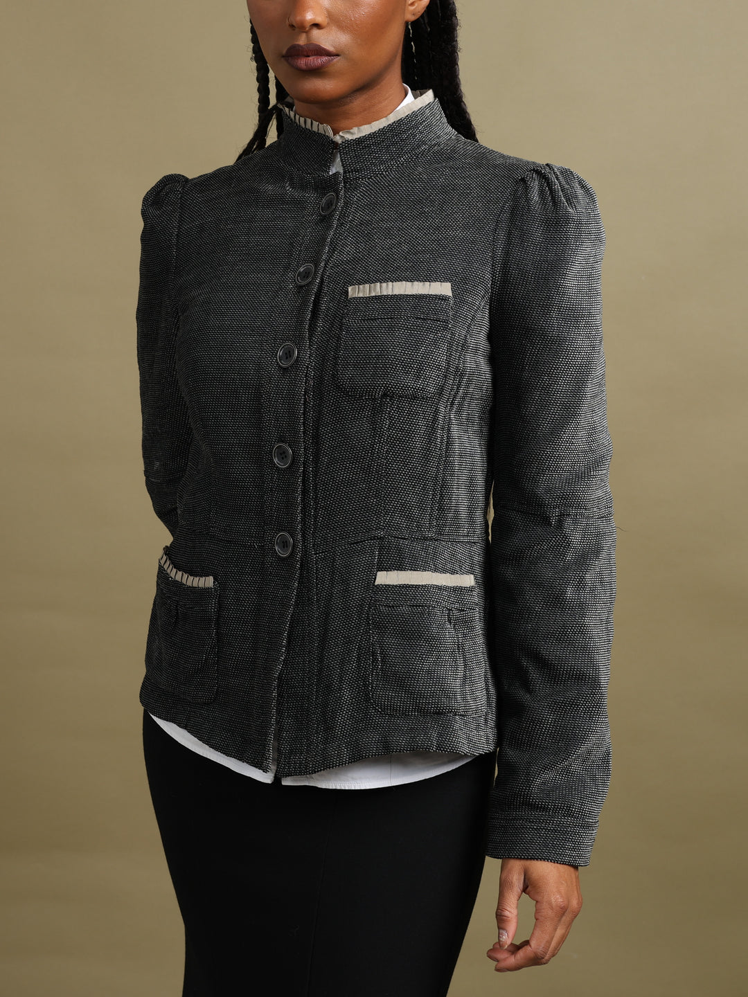 Armani Collezioni Ruffle Trim Blazer Grey Women's L - styled