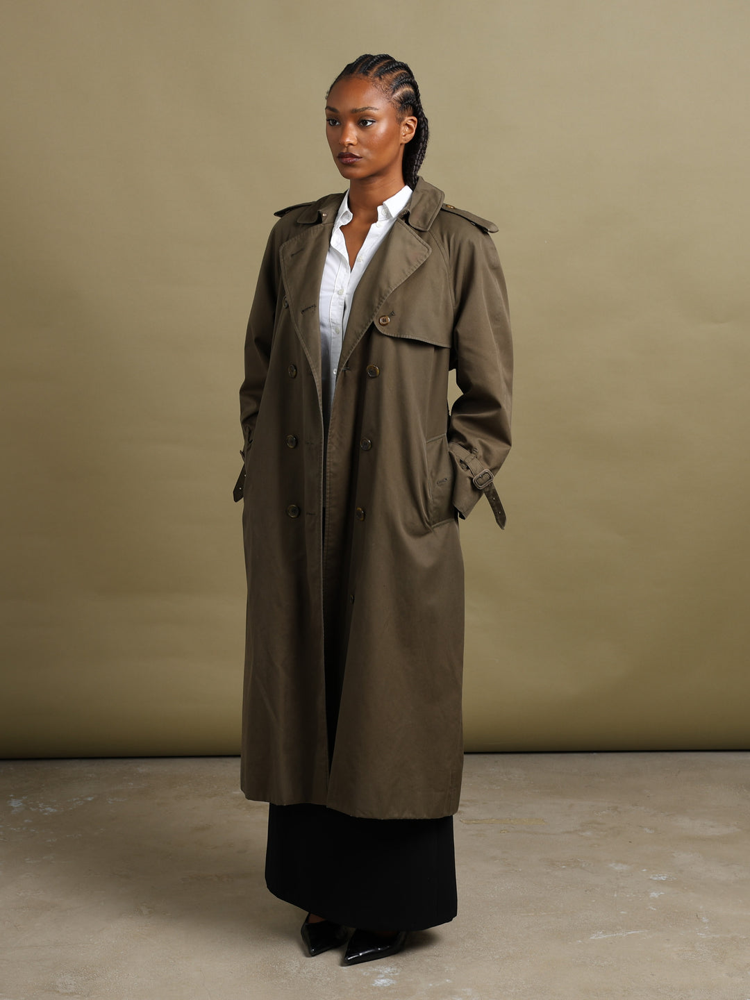 Burberrys Double Breasted Trench Coat Olive Women's L - fabric detail