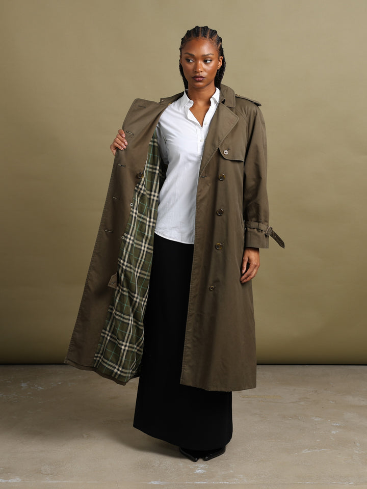Burberrys Double Breasted Trench Coat Olive Women's L - styled