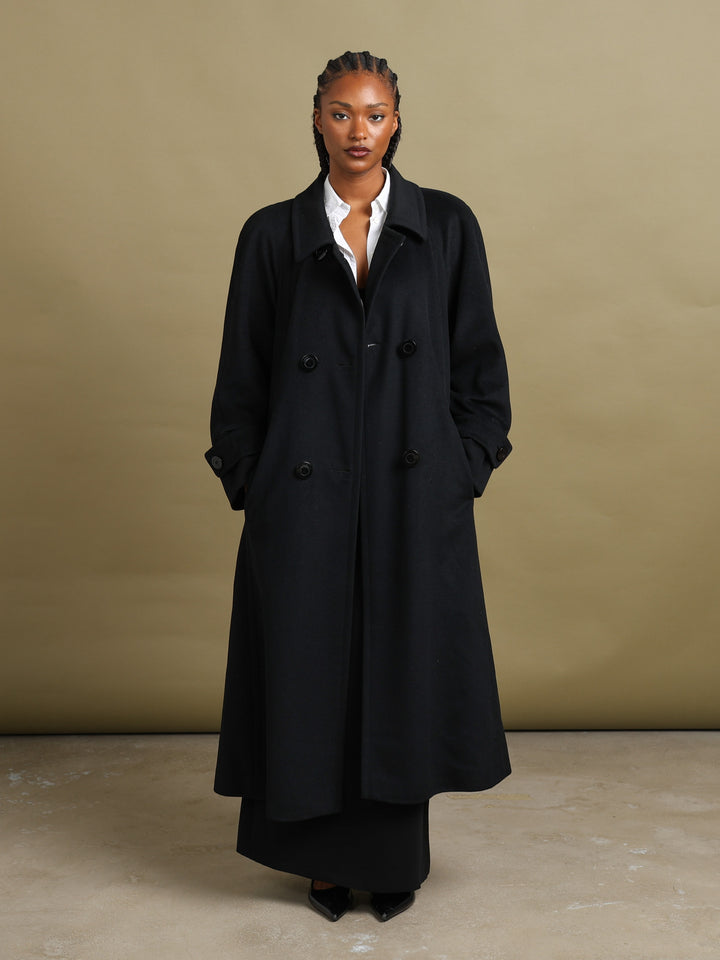 Aquascutum Double Breasted Overcoat Black Women's XL - back