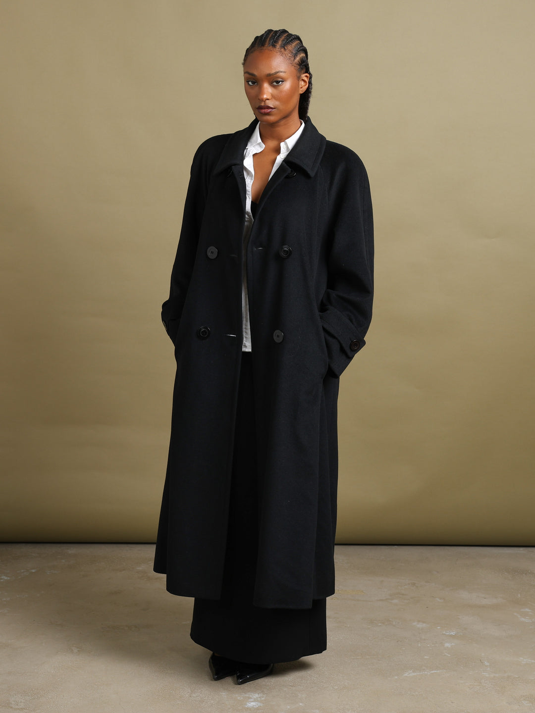 Aquascutum Double Breasted Overcoat Black Women's XL - fabric detail