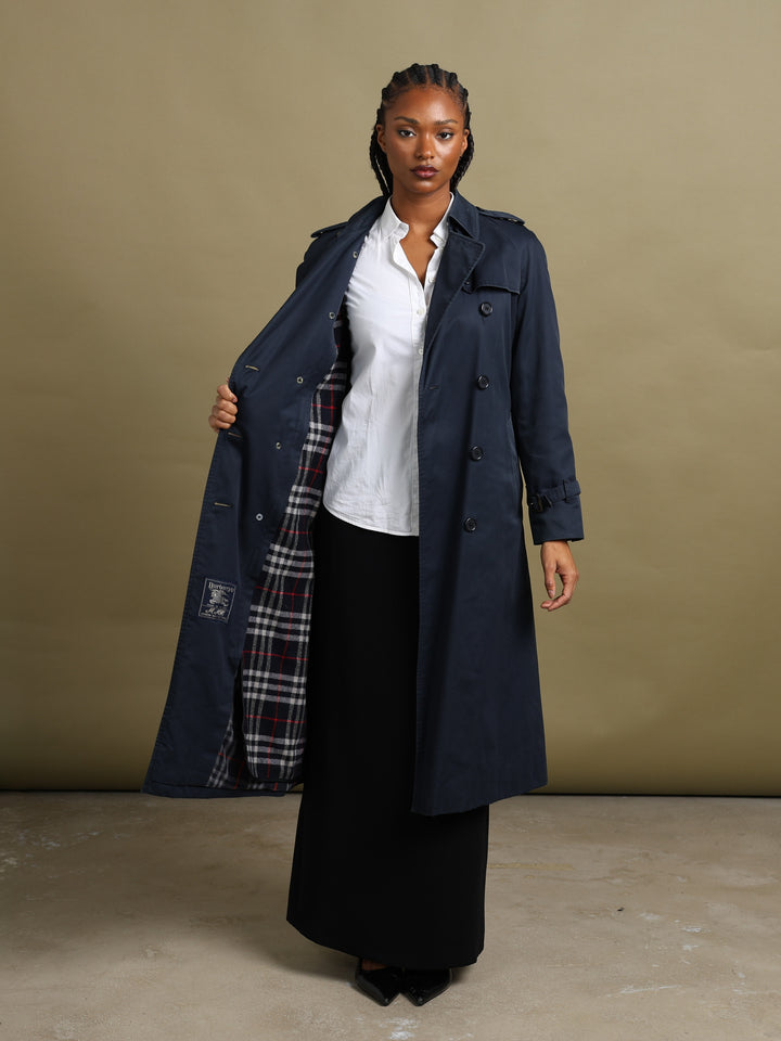 Burberrys Double Breasted Trench Coat Navy Women's L - styled