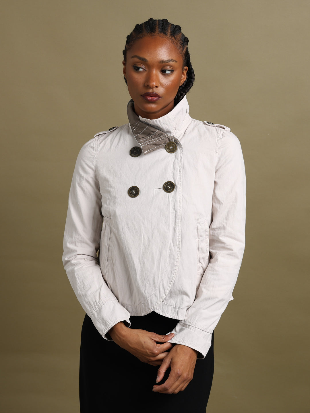 Armani Jeans Cropped Double Breasted Jacket Cream Women's M - fabric detail
