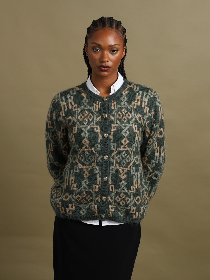 Equorian Heritage Jacquard Cardigan Green Women's L - fabric detail
