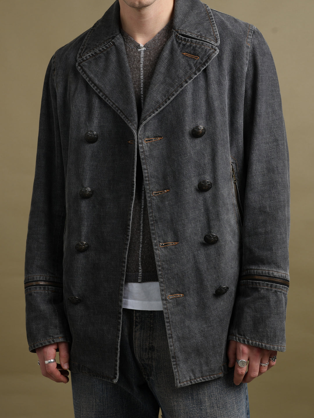 Dolce & Gabbana Denim Pea Coat Grey Men's M - fabric detail